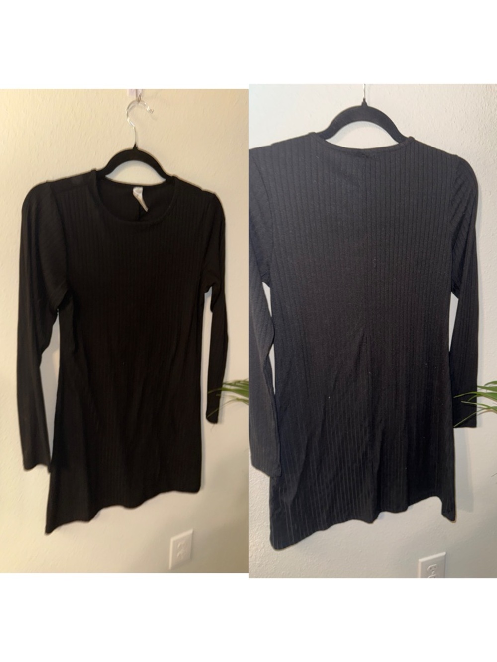 Long-Sleeve Black Ribbed Tunic Top